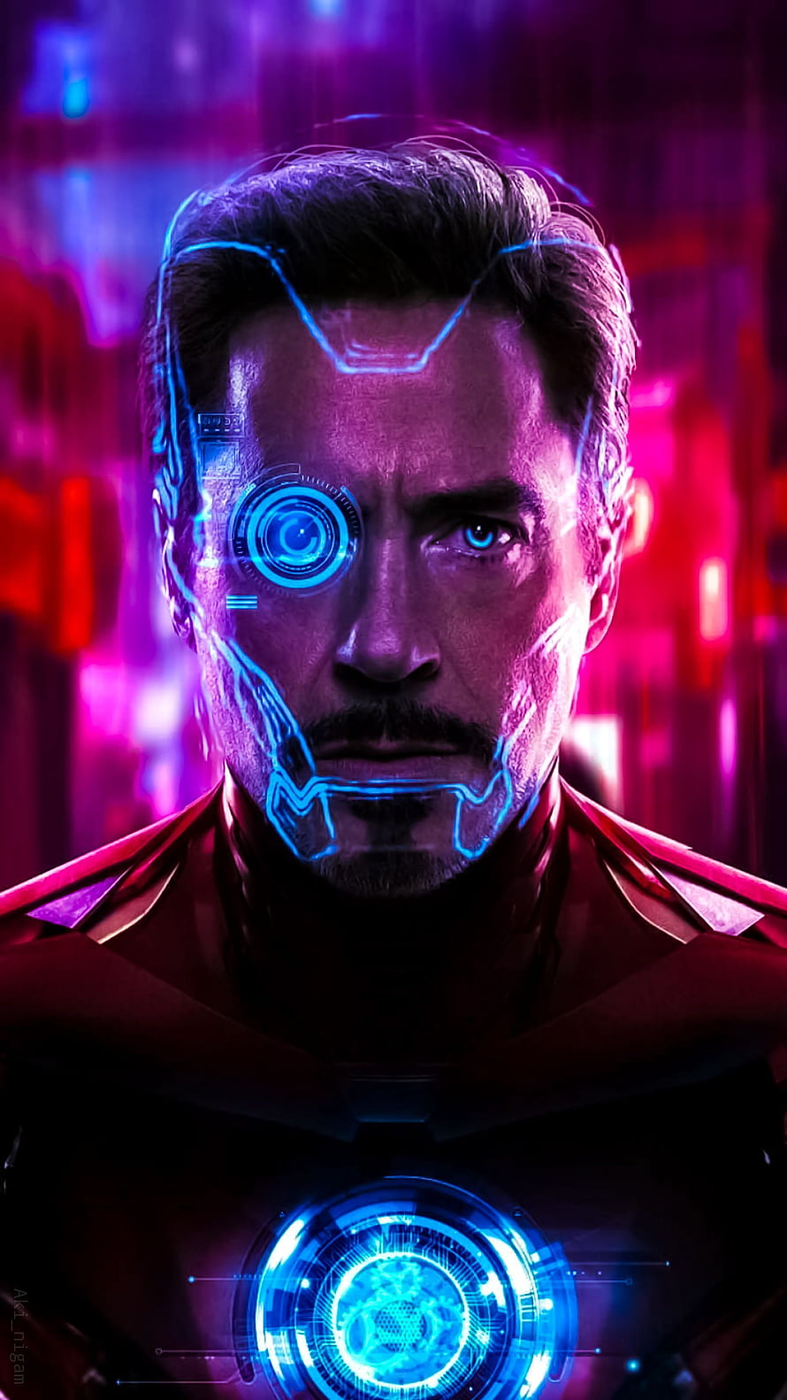 Tony Stark Iron Man Cyberpunk Portrait with Glowing Arc Reactor and Neon Blue Circuitry HD phone wallpaper