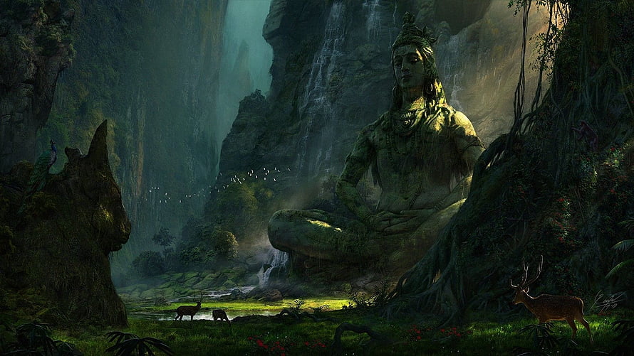 Shiva Meditating in a Lush Jungle Grotto with Waterfalls and Deer HD wallpaper