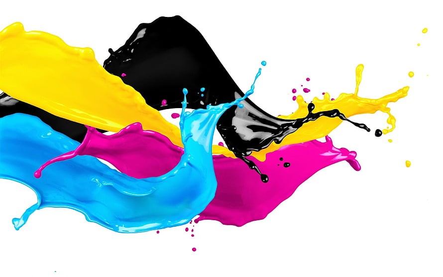 Vibrant CMYK Ink Splashes on White Background HD wallpaper