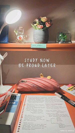 Cozy Study Desk Setup With Motivational Quote, Notebook, and Warm Lamp HD phone wallpaper