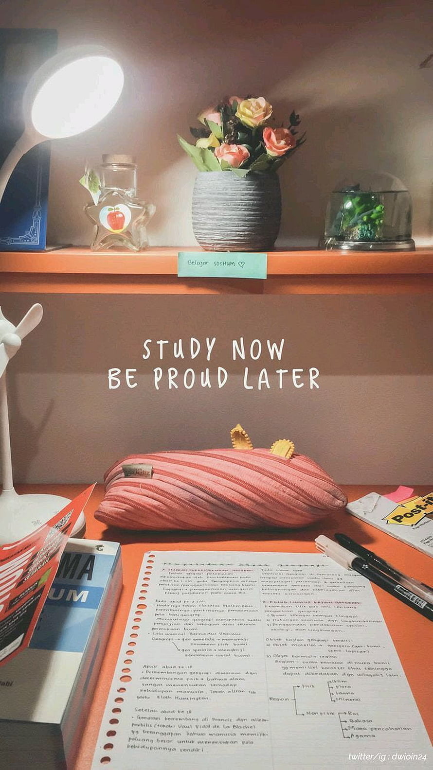 Cozy Study Desk Setup With Motivational Quote, Notebook, and Warm Lamp HD phone wallpaper