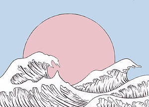 Minimalist Japanese Wave Illustration With Pink Sun And Blue Sky HD wallpaper