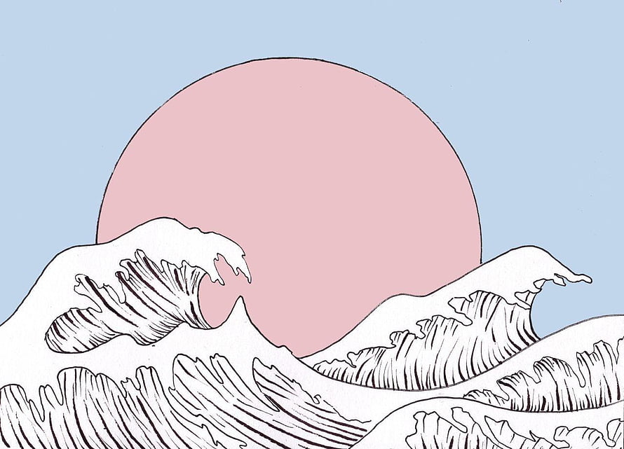Minimalist Japanese Wave Illustration With Pink Sun And Blue Sky HD wallpaper