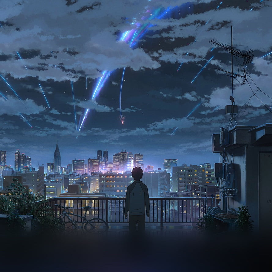 Anime Boy on Rooftop Watching Meteor Shower Over City Skyline at Night HD phone wallpaper