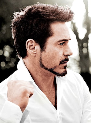 Robert Downey Jr. Profile Portrait in White Shirt with Natural Background HD phone wallpaper