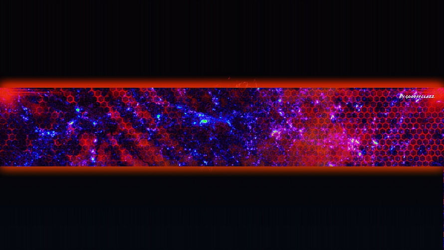 Vibrant Red and Blue Hexagonal Space Nebula Banner with Glowing Particles HD wallpaper