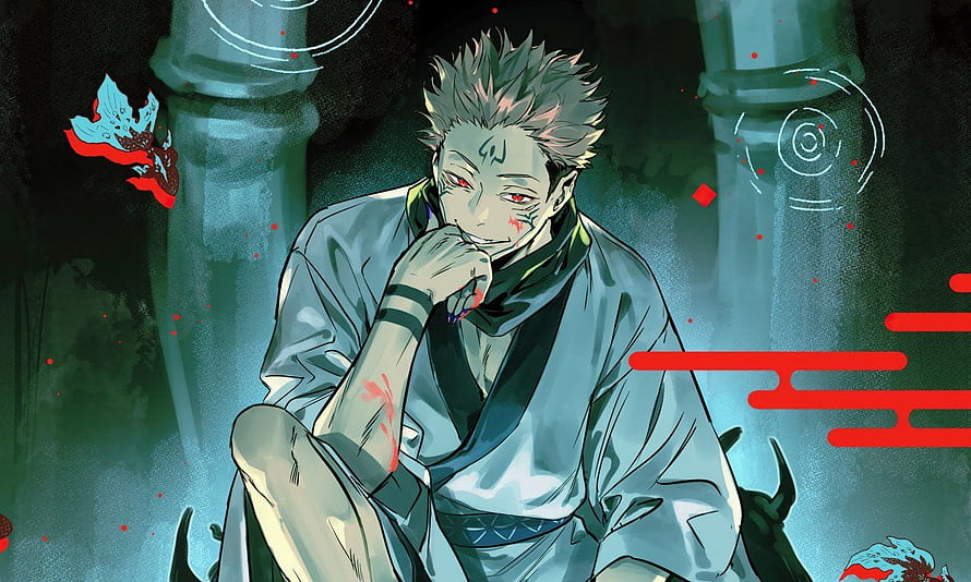 Sukuna from Jujutsu Kaisen in a dark temple setting with red accents and traditional Japanese elements HD wallpaper