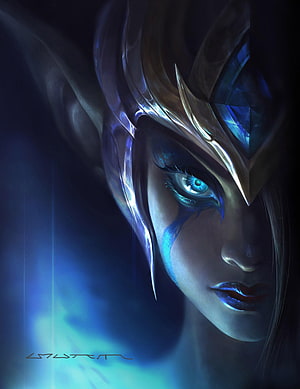 Freya from Mobile Legends in a dramatic digital portrait with glowing blue eyes and ornate metallic headpiece HD phone wallpaper