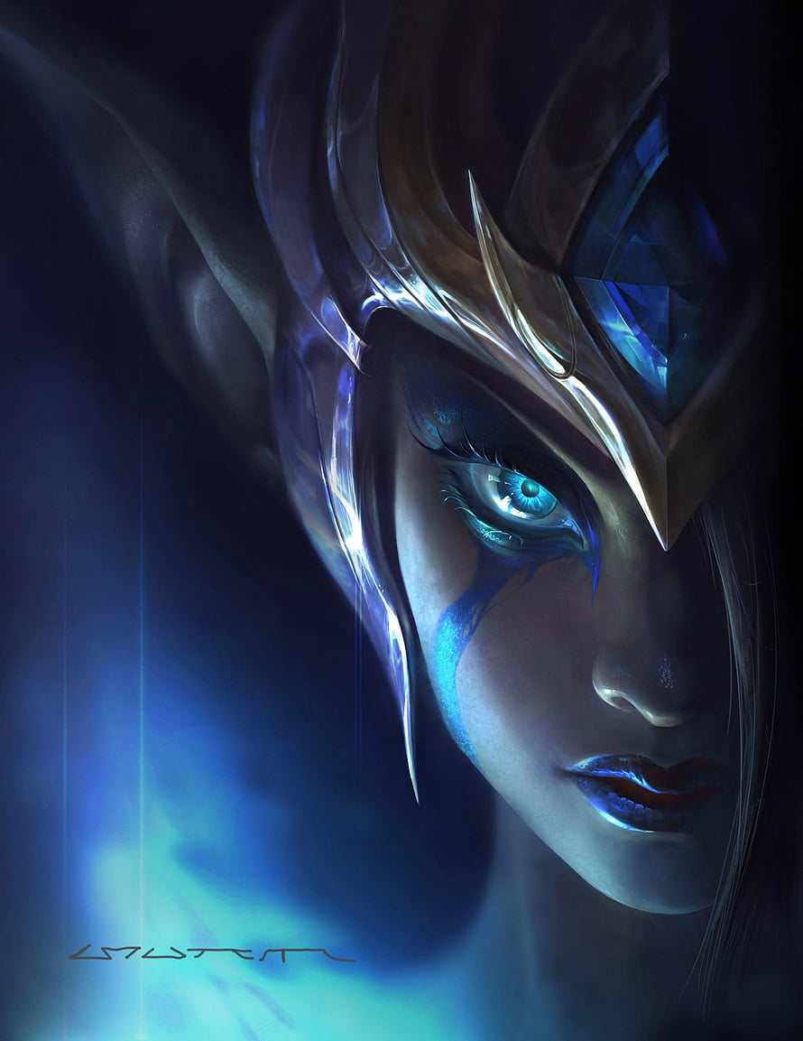 Freya from Mobile Legends in a dramatic digital portrait with glowing blue eyes and ornate metallic headpiece HD phone wallpaper