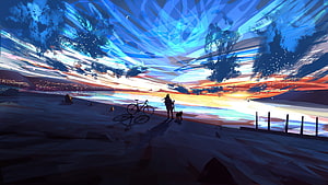 Anime Style Beach Sunset With Cyclist And Dog Silhouette HD wallpaper
