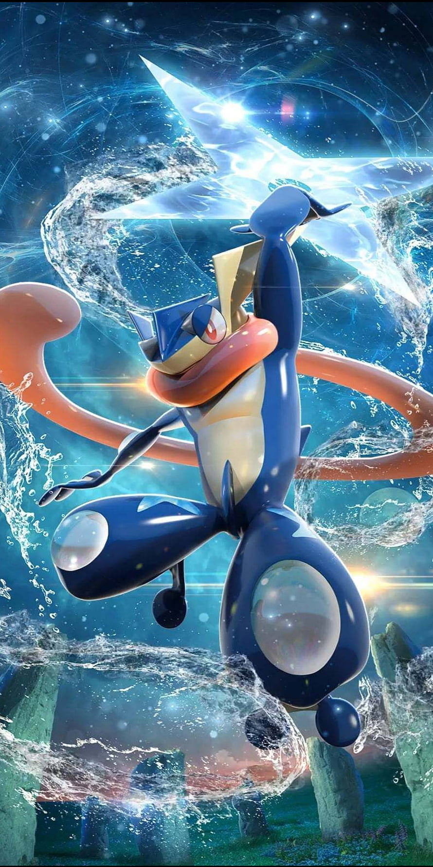 Greninja leaping through swirling water with glowing energy and crystal shards in a dynamic anime style HD phone wallpaper