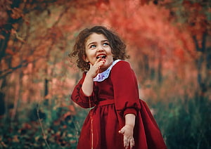 Anahita Hashemzadeh in a red dress with white lace collar in an autumn forest HD wallpaper
