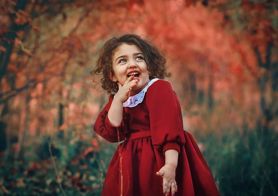 Anahita Hashemzadeh in a red dress with white lace collar in an autumn forest HD wallpaper