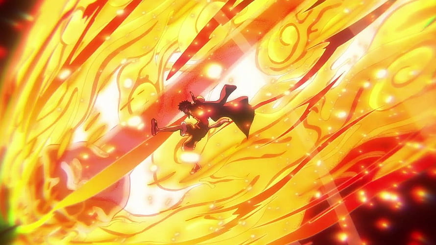 Luffy in Gear 5 Red Roc Form Amidst Fiery Golden Energy Burst HD wallpaper