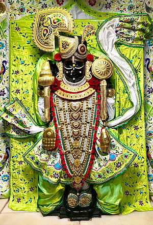 Dwarkadhish Krishna Murti Adorned in Gold Jewelry and Green Silk Garments HD phone wallpaper