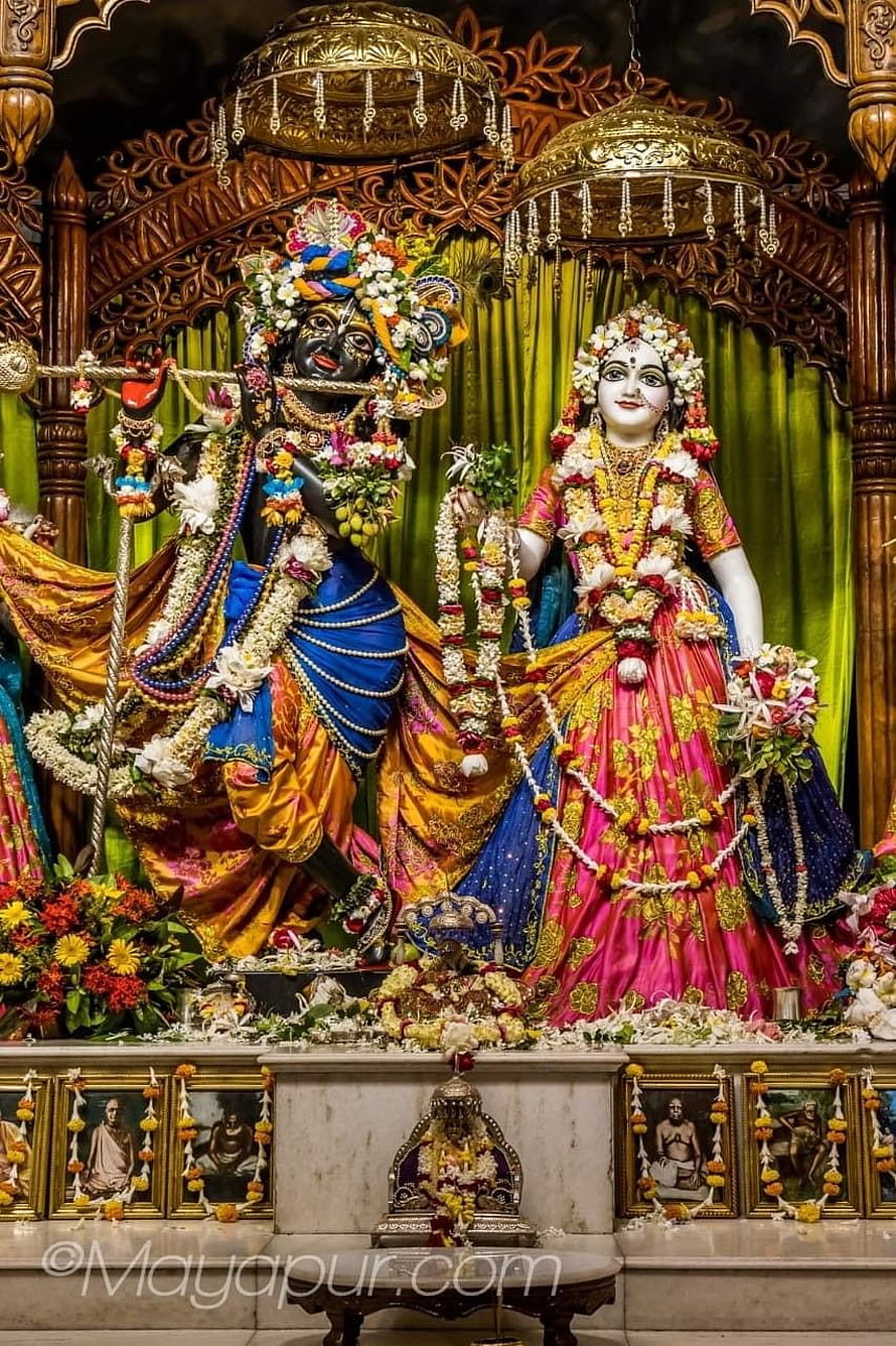 Ornate Krishna and Radha Temple Deities Adorned in Vibrant Silk and Floral Garlands HD phone wallpaper
