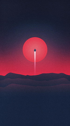 Minimalist Rocket Launch Against a Red Sun Over Dark Dunes HD phone wallpaper