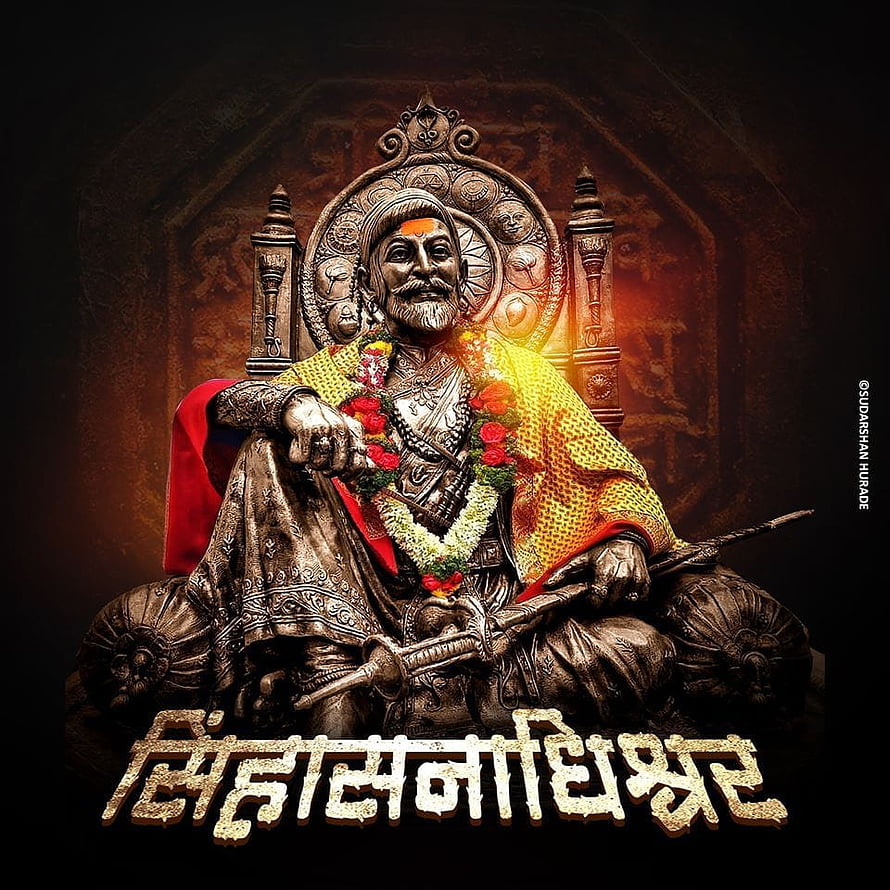 Shivrajyabhishek Statue with Marigold Garland and Sword in Ornate Throne Setting HD phone wallpaper