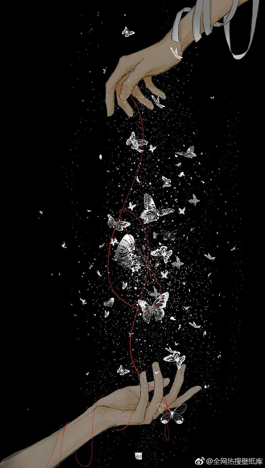Heaven Official's Blessing: Two Hands Connected by a Red Thread and White Butterflies HD phone wallpaper