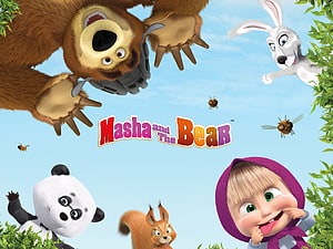 Masha and the Bear Animated Characters Framing Logo Against Blue Sky HD wallpaper