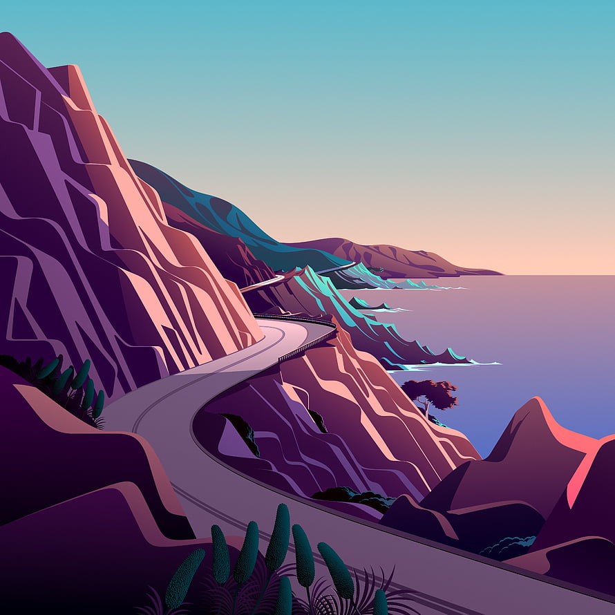 Stylized Coastal Highway Illustration with Purple Cliffs and Ocean Waves HD phone wallpaper