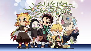 Demon Slayer Chibi Characters Under Decorated Branch with Tsumugi and Inosuke HD wallpaper