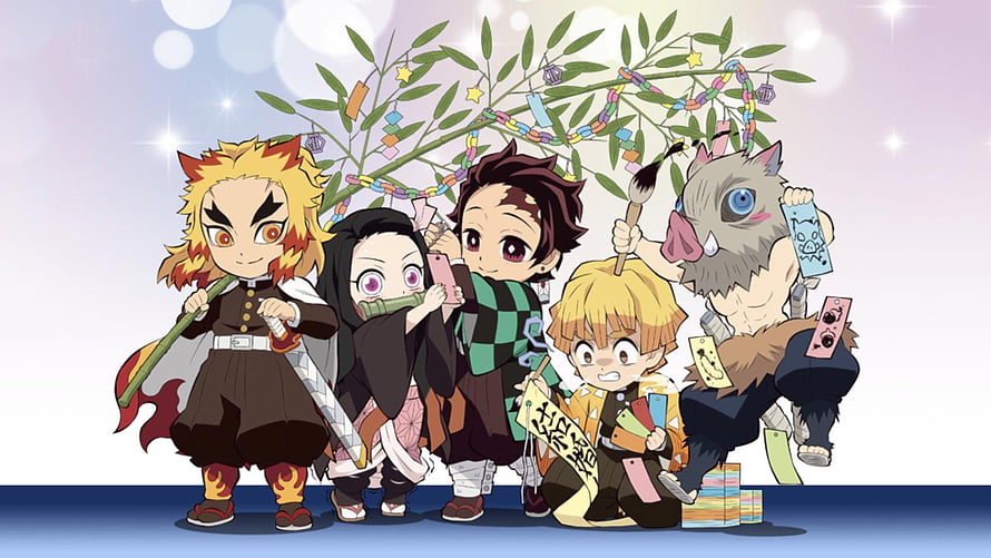 Demon Slayer Chibi Characters Under Decorated Branch with Tsumugi and Inosuke HD wallpaper