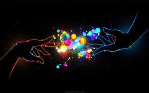 Neon Hands Reaching for Glowing Orbs Against a Dark Starry Background HD wallpaper