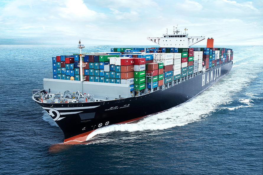 Hanjin Container Ship Sailing Across Open Ocean Waters HD wallpaper