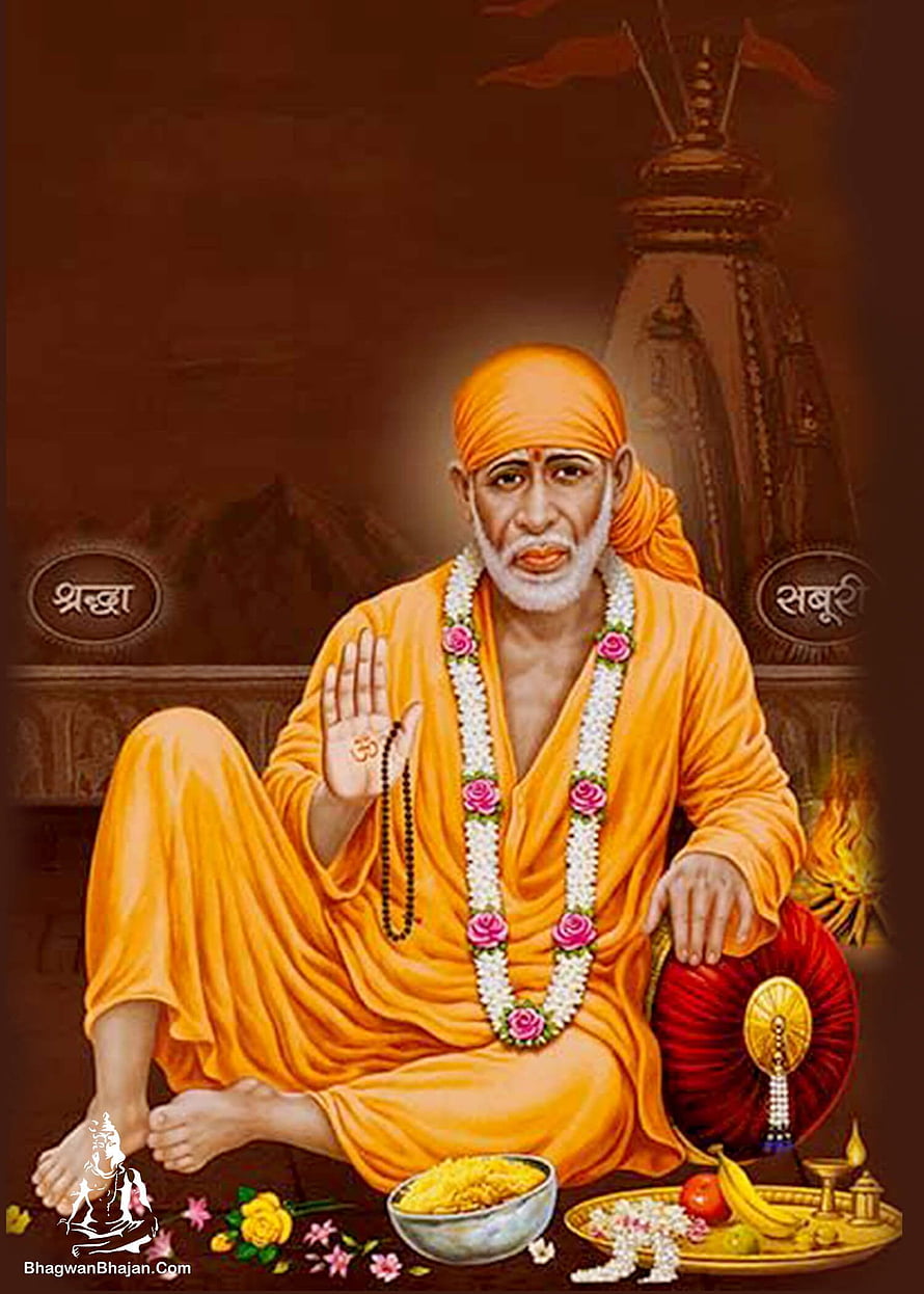 Shirdi Sai Baba Digital Painting in Orange Robes with Flower Garland and Om Symbol HD phone wallpaper