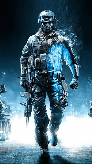 Call of Duty Ghosts Soldier in Tactical Gear Walking Through Smoke and Blue Light HD phone wallpaper