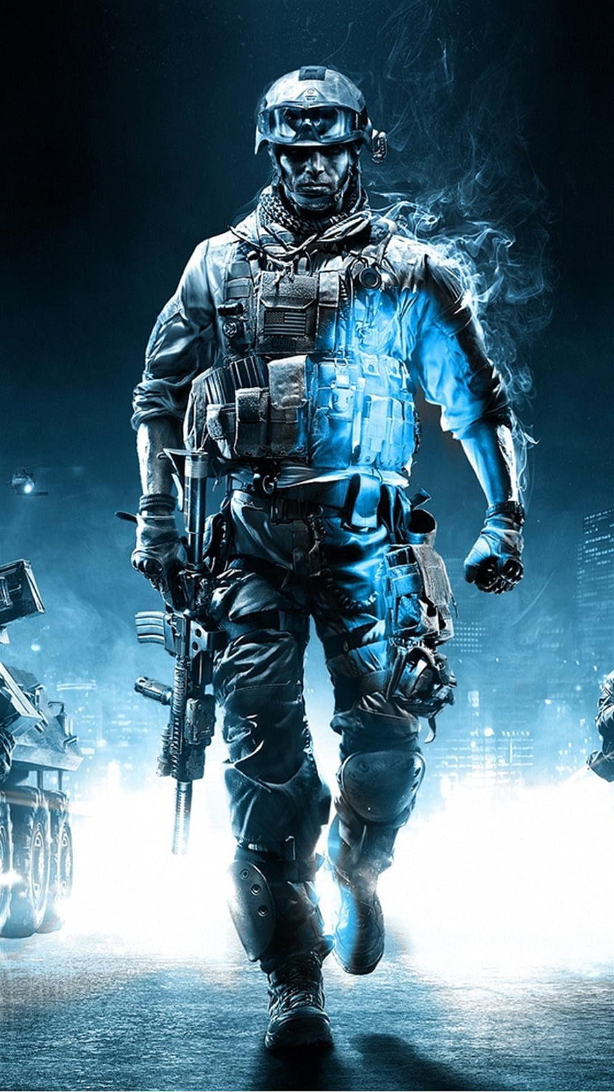 Call of Duty Ghosts Soldier in Tactical Gear Walking Through Smoke and Blue Light HD phone wallpaper