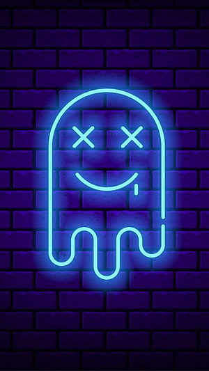 Glowing Neon Pac-Man Ghost with X Eyes on Dark Purple Brick Wall HD phone wallpaper