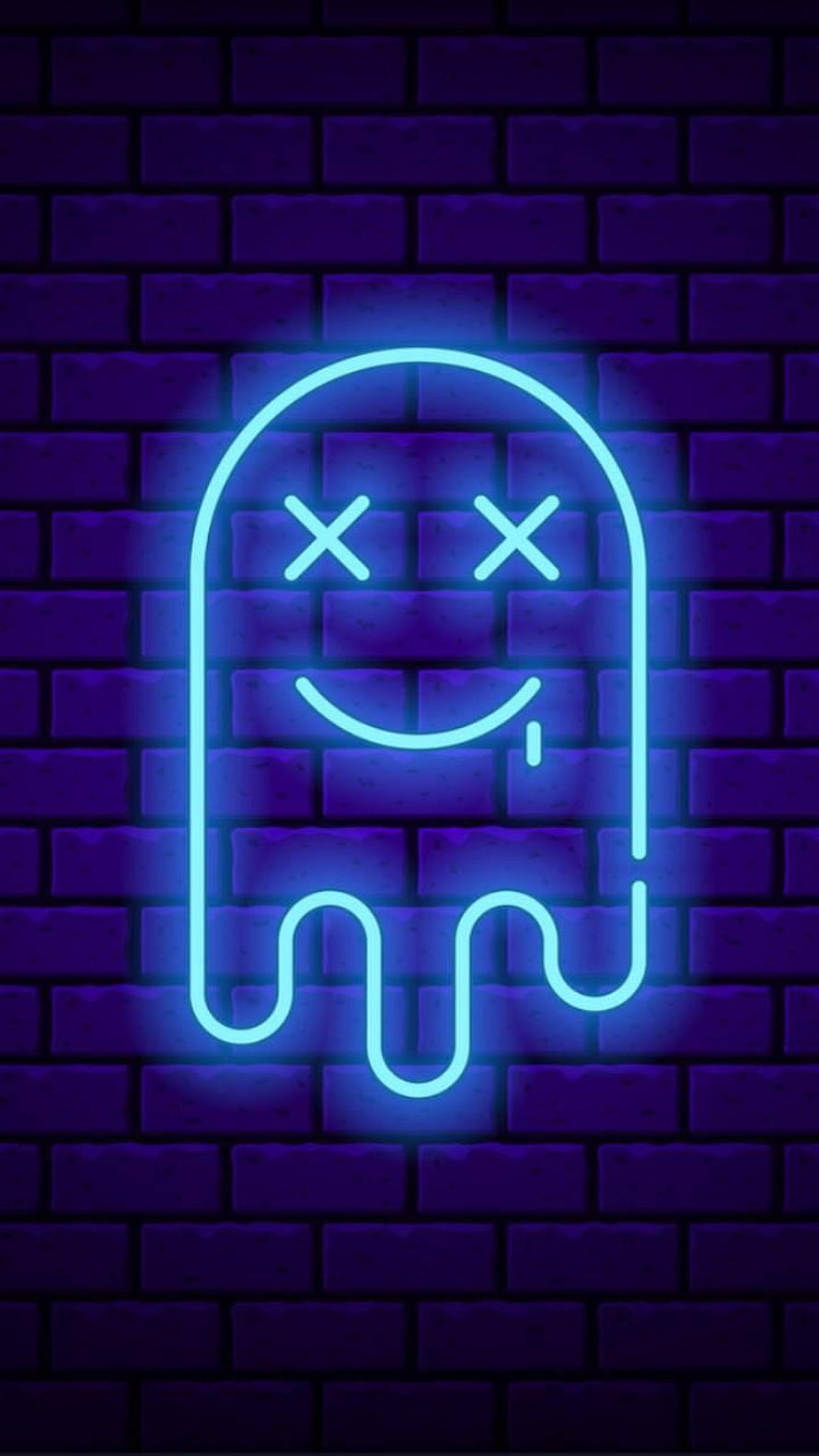 Glowing Neon Pac-Man Ghost with X Eyes on Dark Purple Brick Wall HD phone wallpaper