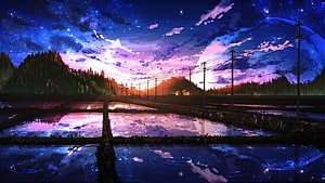 Anime Night Landscape with Rice Paddies, Starry Sky, and Giant Moon HD wallpaper