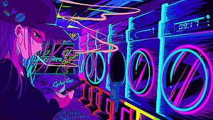 Cyberpunk Anime Girl Smoking in Neon Purple Cyber Inn with Retro Arcade Machines HD wallpaper