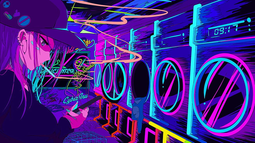 Cyberpunk Anime Girl Smoking in Neon Purple Cyber Inn with Retro Arcade Machines HD wallpaper