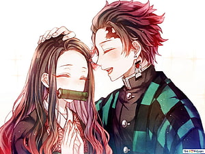 Tanjiro and Nezuko Kamado Sharing a Tender Moment in Demon Slayer Anime Art HD wallpaper