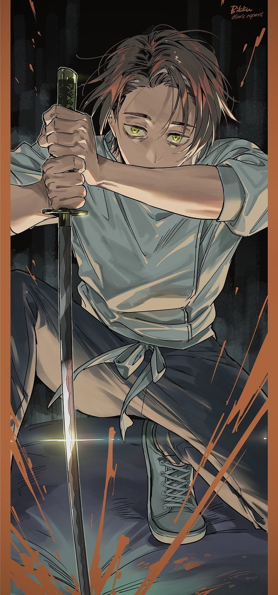 Okkotsu Yuta from Jujutsu Kaisen in a Dynamic Sword Stance with Intense Green Eyes HD phone wallpaper