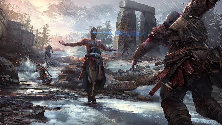 God of War Ragnarok Kratos and Baldur Confrontation in Frozen Valley HD wallpaper