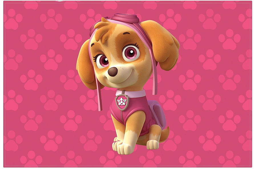 Skye from Paw Patrol in pink flight suit with aviator goggles on a paw print background HD wallpaper