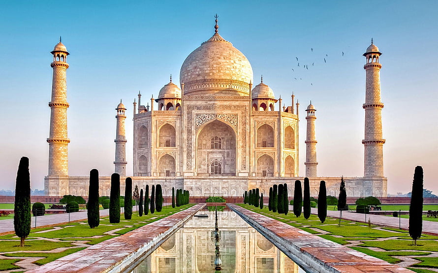 Taj Mahal at Dawn with Reflecting Pool and Cypress Gardens in Agra, India HD wallpaper