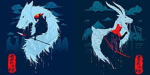 Mononoke Hime Artwork Featuring Ashitaka and San with Mythical Creatures HD wallpaper