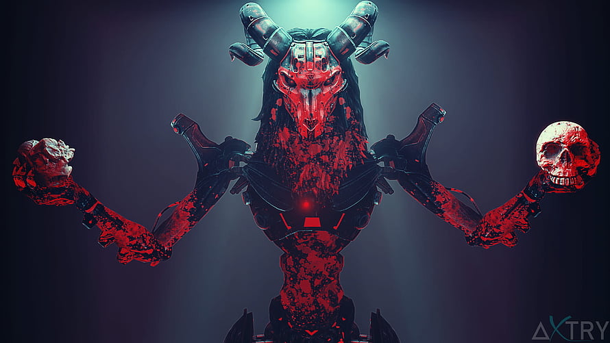 Revenant Demon Robot with Horned Helmet and Skull Hands in Dark Sci-Fi Style HD wallpaper
