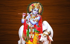 Lord Krishna Playing Flute with Nandini on Wood Background HD wallpaper