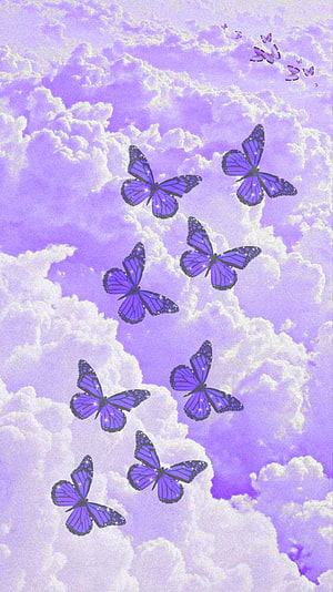 Purple butterflies with glitter accents floating through soft lavender clouds HD phone wallpaper