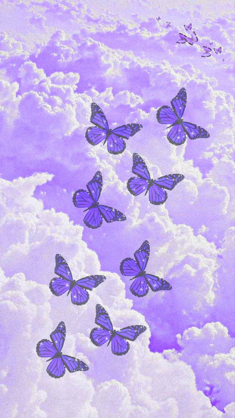 Purple butterflies with glitter accents floating through soft lavender clouds HD phone wallpaper