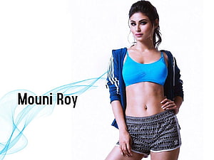 Mouni Roy in Blue Sports Bra and Patterned Shorts with Navy Hoodie HD wallpaper
