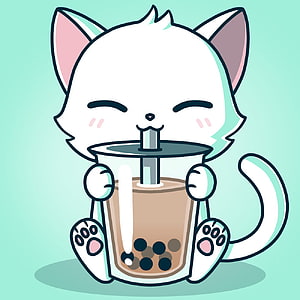 Cute White Kawaii Cat Sipping Boba Milk Tea with Pearls HD phone wallpaper