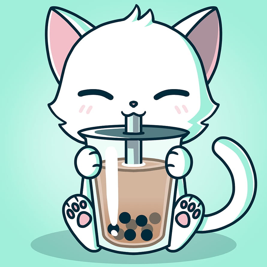 Cute White Kawaii Cat Sipping Boba Milk Tea with Pearls HD phone wallpaper